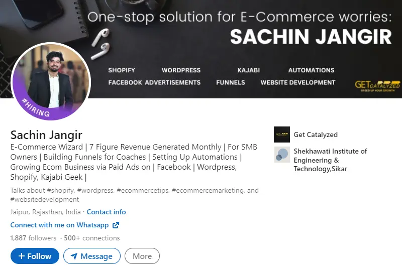 Sachin Jangir Linkedin - Get Catalyzed