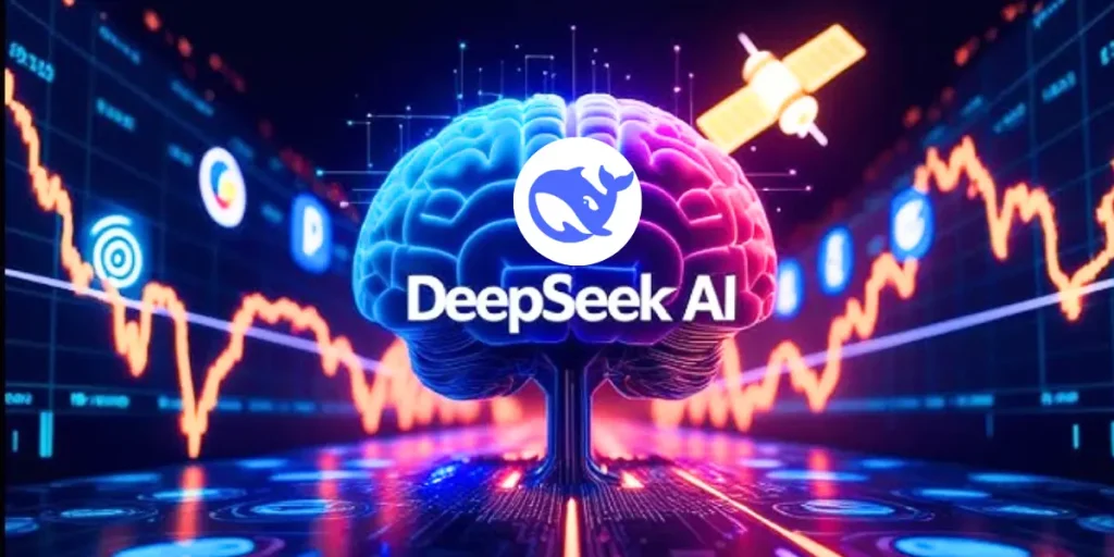 Digital brain with "DeepSeek AI" logo, surrounded by data graphs and tech icons, symbolizing artificial intelligence and data analysis. Discover the applications of DeepSeek as it pioneers in transforming how insights are extracted from complex data landscapes.