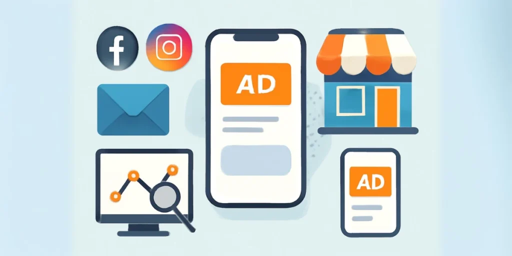 Digital marketing channels for small businesses including social media, email, online ads, analytics, and local store promotion.