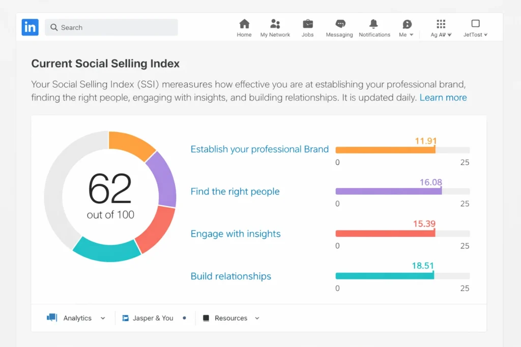 2. LinkedIn Social Selling Index dashboard showing profile strength score2. LinkedIn Social Selling Index dashboard showing profile strength score